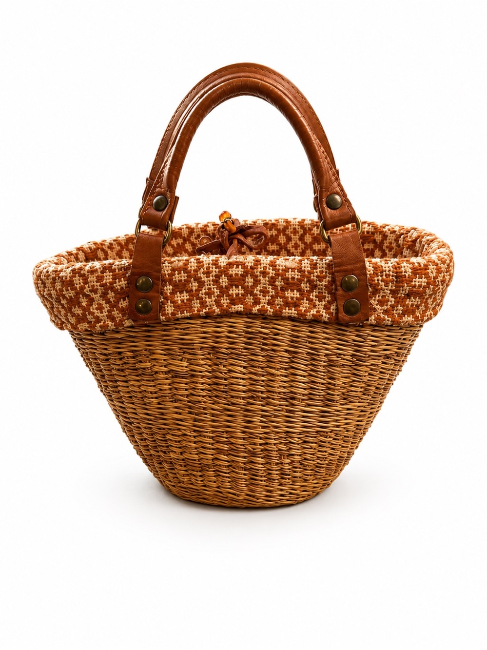 Woven Straw Tote with Brown Leather Handles and Patterned Trim